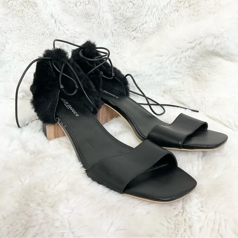 NEW Kelsi Dagger Brooklyn Black Sam Genuine Leather Faux Fur Heel Sandals 9.5